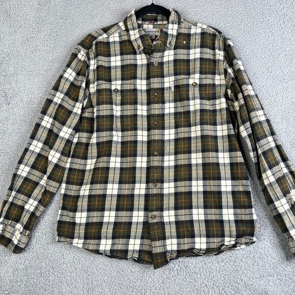 Carhartt Flannel Shirt Men Large Green Plaid Relaxed Button Workwear SPOTS PAINT - Picture 1 of 16